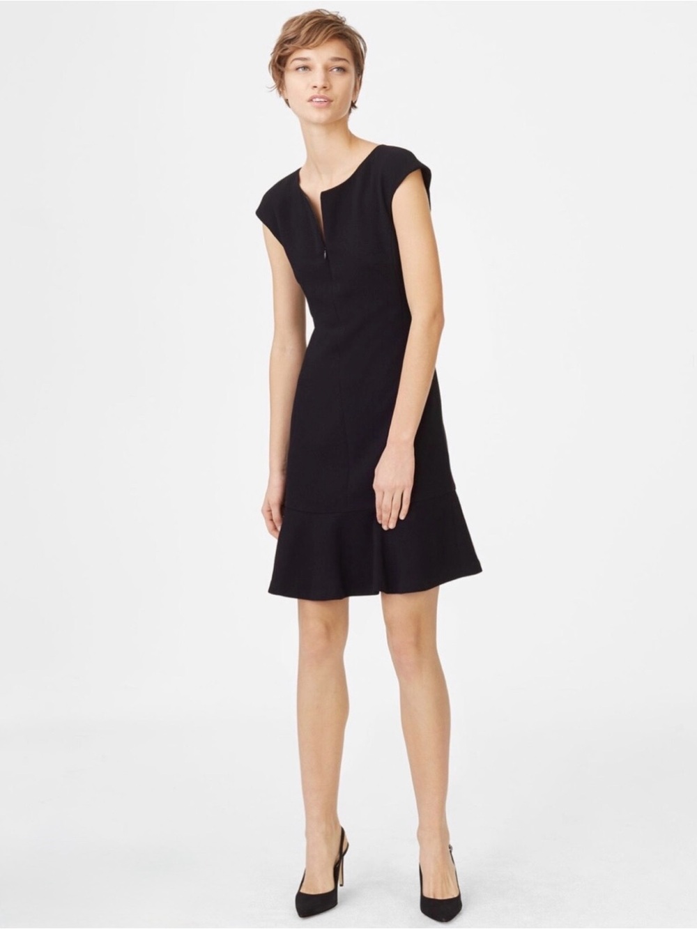 Club Monaco Black Cap-Sleeve Flounce-Hem Mini Dress